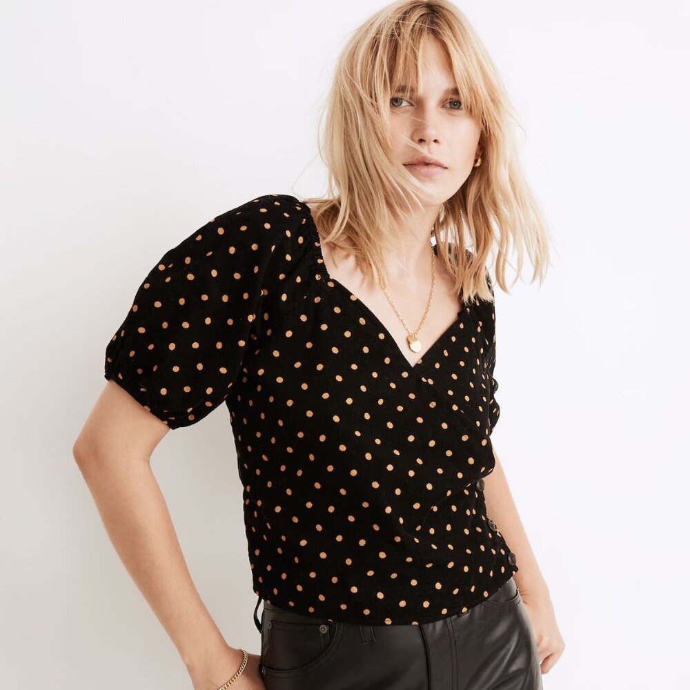 Madewell Black Corduroy Velvet Puff Sleeve Wrap Top with Orange Polka Dots XS